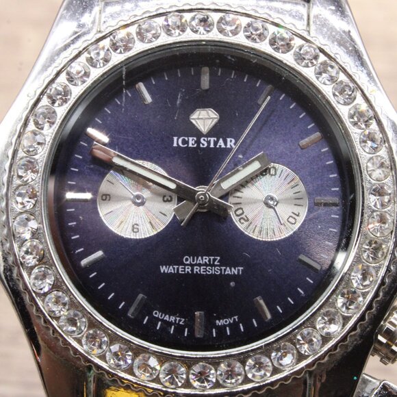 ICE STAR Chronograph Watch Mens Silver Tone Stainless Steel Rhinestones Dial - Picture 4 of 9